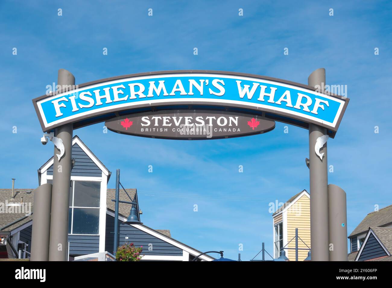 Schild an Fisherman`s Wharf, Steveston, B.C., Kanada. 16./24. September. Stockfoto